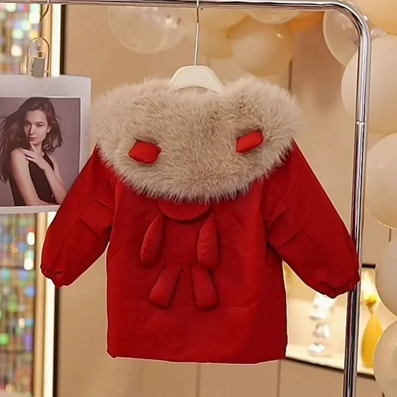 

2025 New Winter Girls' Plush Cute Animal Ear Hooded Large Pocket Warm Mid Length Coat