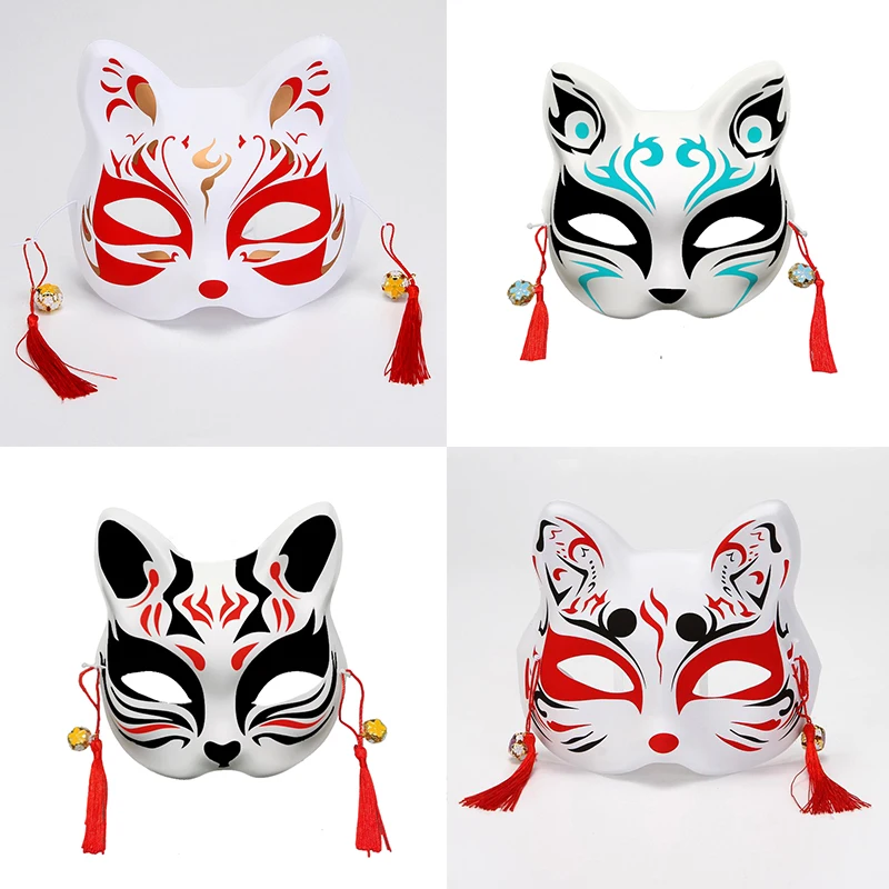 Japanese Cat Foxes Mask Cosplay Rave Party Half Face Hand-painted Anime Demon Costume Masquerade Sakura Festival Cosplay Prop