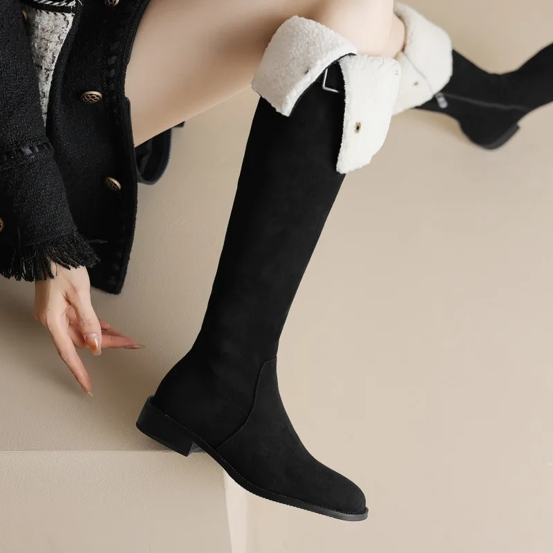 2023 Winter New Suede Two Wear Leggings High Sleeve Boots Fashion Belt Buckle Plus Plush Flat Bottom Knee Over Women's Boots