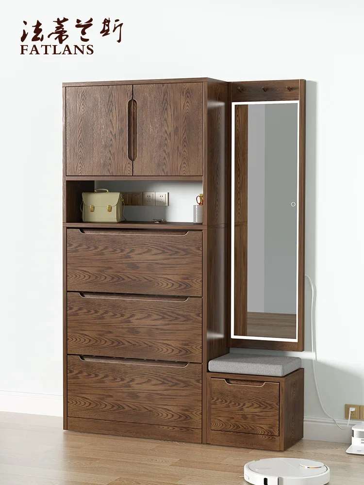 

Walnut Color Custom Solid Wood High Vertical Shoe Cabinet Entrance Cabinet Small with Mirror and Stool