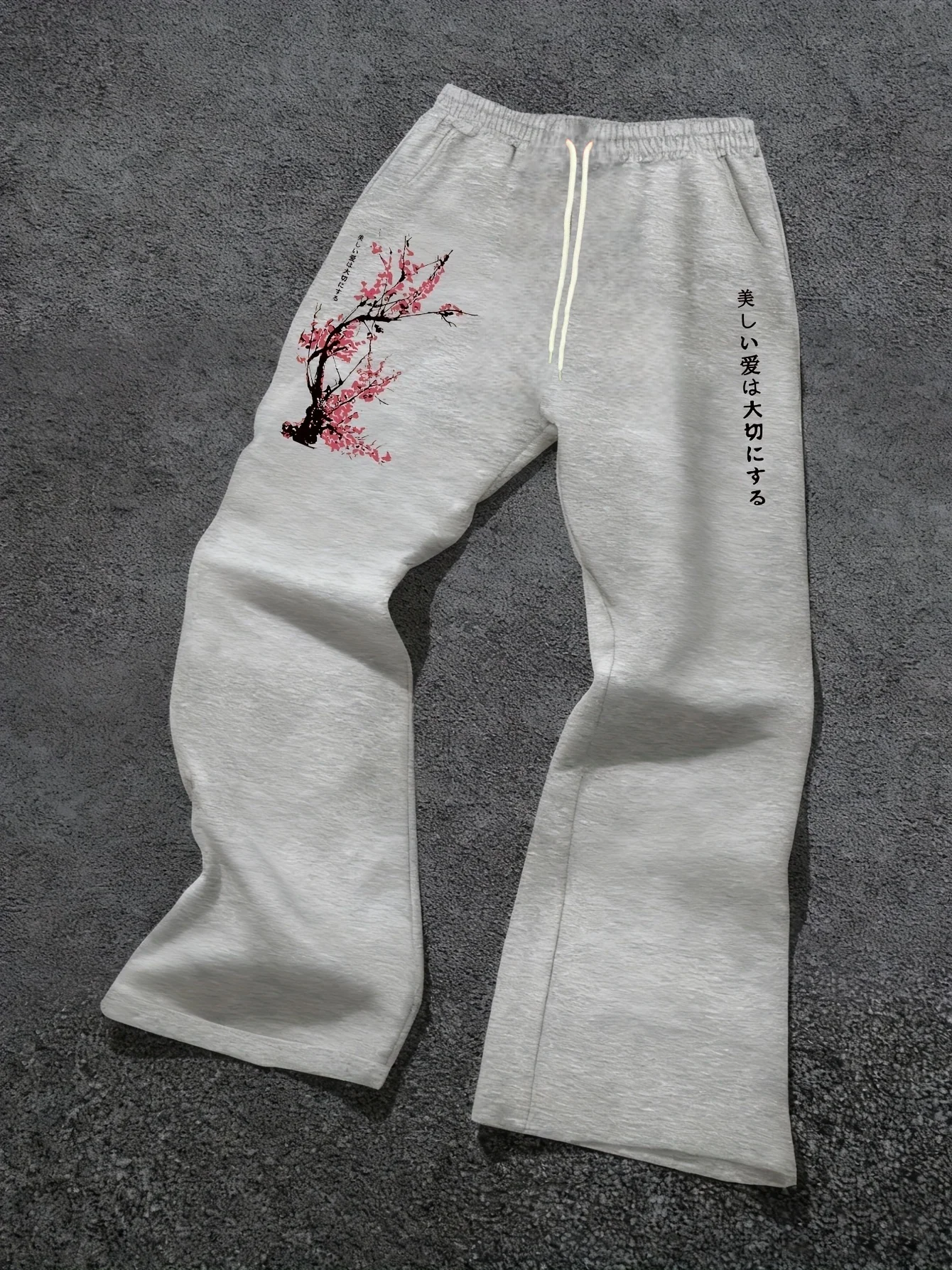 Unisex Japanese Streetwear 3D Cherry Blossom Print Quick Dry Straight Pants Elastic Drawstring Waist Trousers Street Outfit
