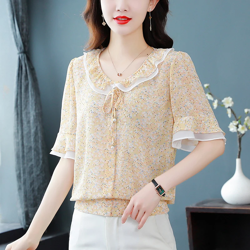 Summer New Short Sleeve O-Neck Women Blouse Casual Print Chiffon Blouse Shirt Women Tops Blusas Mujer De Moda 2024 Verano A238