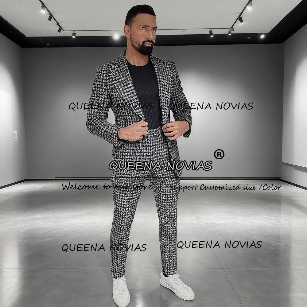 

Classic Houndstooth Groom Suits For Wedding Single Breasted Prom Blazers Customized 2 Pieces Man Party Tuxedos Costume Homme
