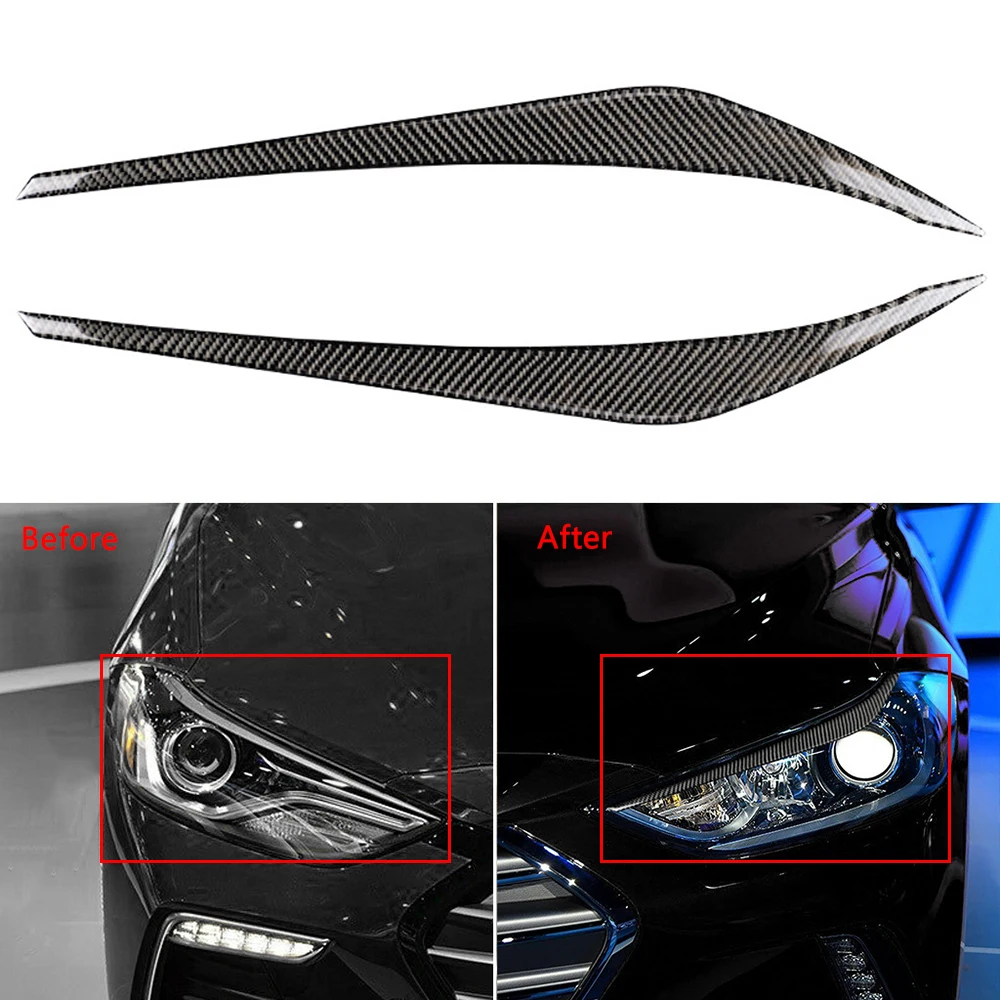 

2pcs Front Headlight Eyebrow Covers For Hyundai Elantra 2016 2017 2018 Gloss Black Carbon Fiber Headlight Eyelids
