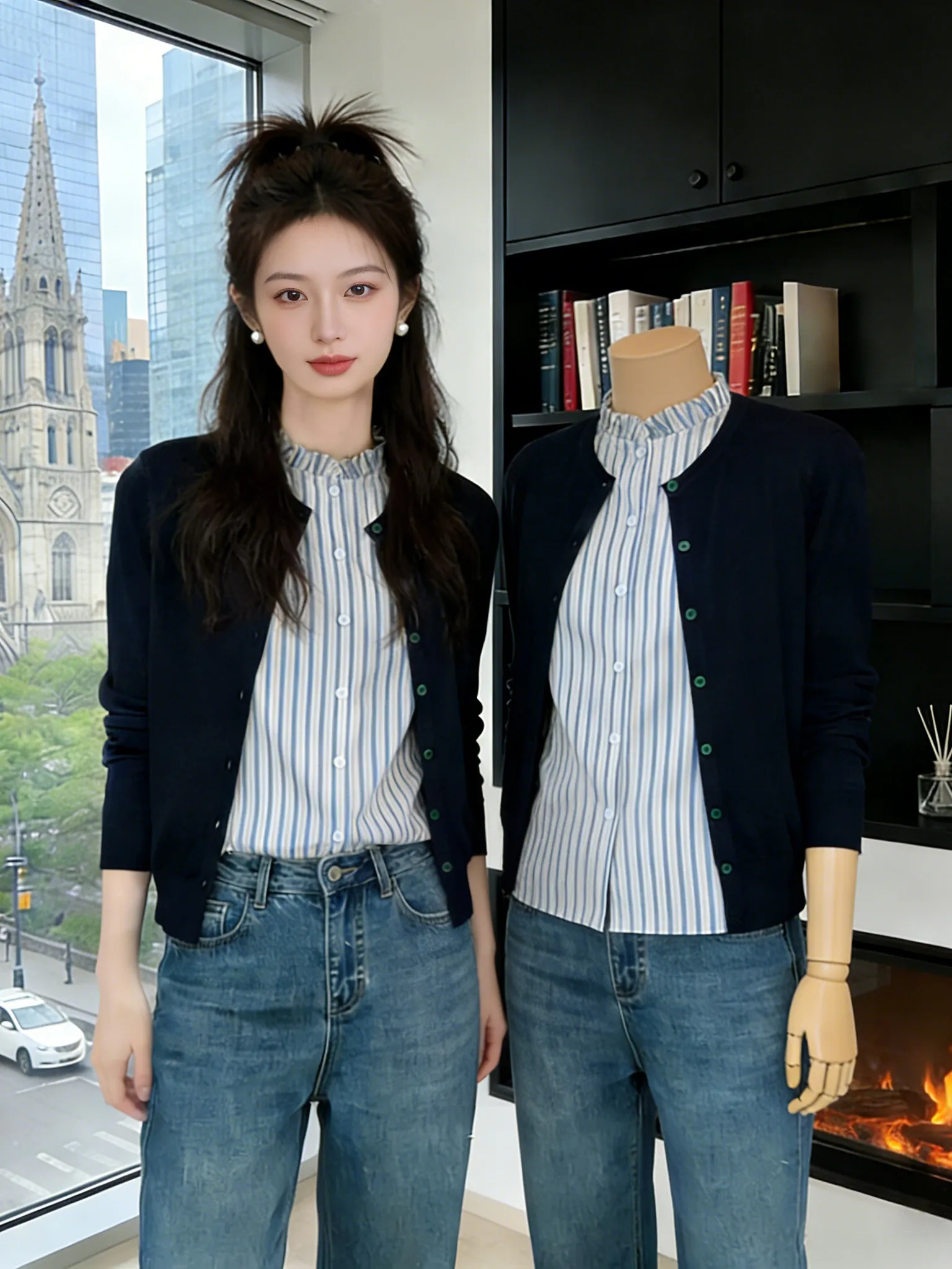 

Casual Commute Style Women's Two-Piece Set Spring Autumn Slimming Stripe Shirt Dark Blue Cover up Fashion Ensemble