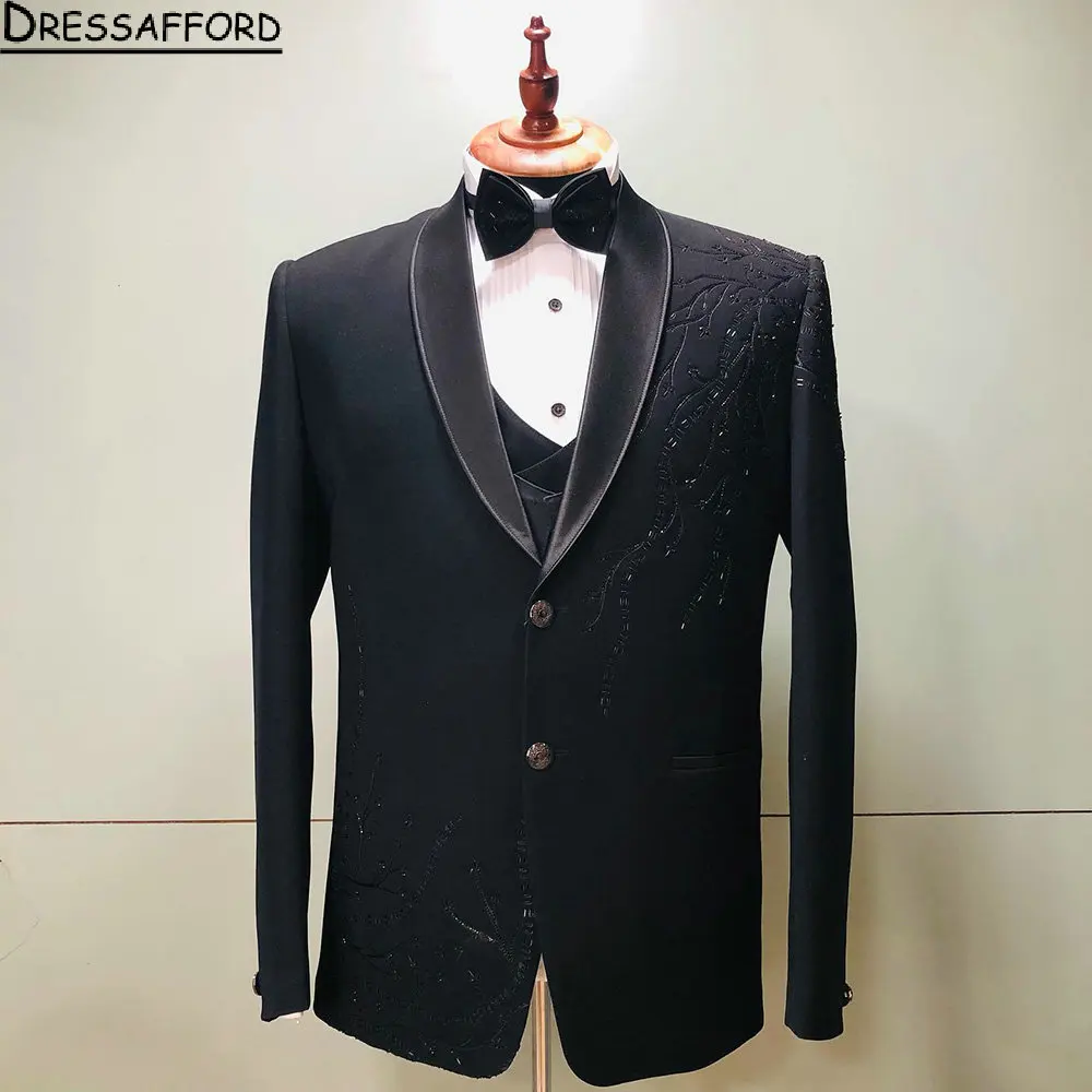 

Black Appliques Beading Groom Wedding Tuxedos 2 Pieces Formal Suits Men Custom Made Black Prom Blazer Sets Male Fashion