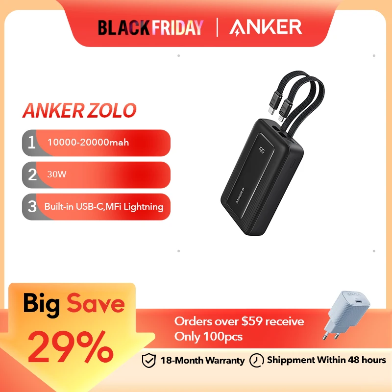 Anker Zolo Power Bank, 10,000mAh 30W,Fast Portable Charger,Built-in USB-C,MFi Certified Lightning Cables,for iPhone 16/15 Series