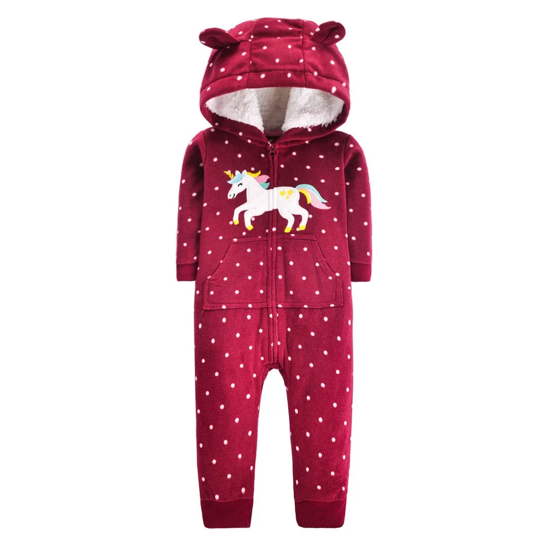 2023 Autumn Winter Warm Fleece Baby Romper Cartoon Hoodie baby girls costume Newborn Babies boys clothes jumpsuits