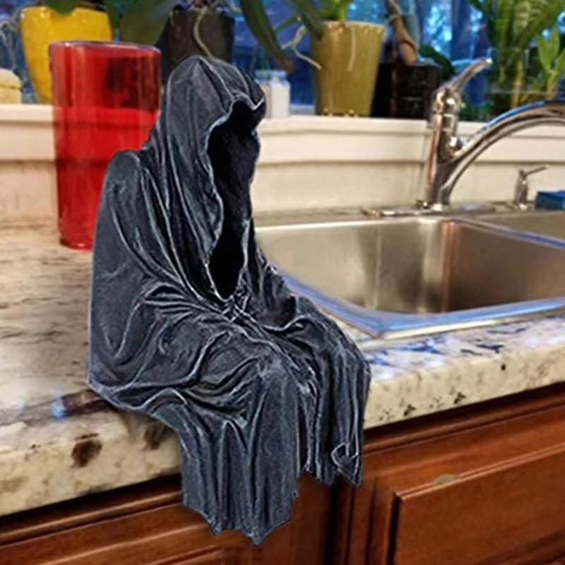 Resin Grim Reaper Sculpture Art Decorative Desk Figure Ornaments Mysterious Man Sitting For Home Desktop Decoration