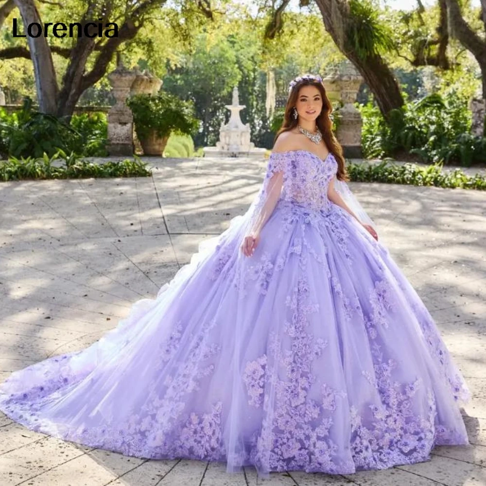 Lorencia Glitter Paarse Quinceanera Jurk Baljurk Kanten Applique Kralen Met Cape Corset Sweet 16 Vestidos De 15 Años Yqd979