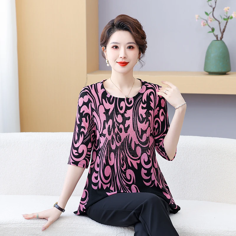 المرأة الجولة الرقبة الربيع الصيف جديد الحد الأدنى تخفيف المطبوعة الماس 3/4 كم فضفاض ميدي البلوز تي شيرت بلايز حجم كبير #3