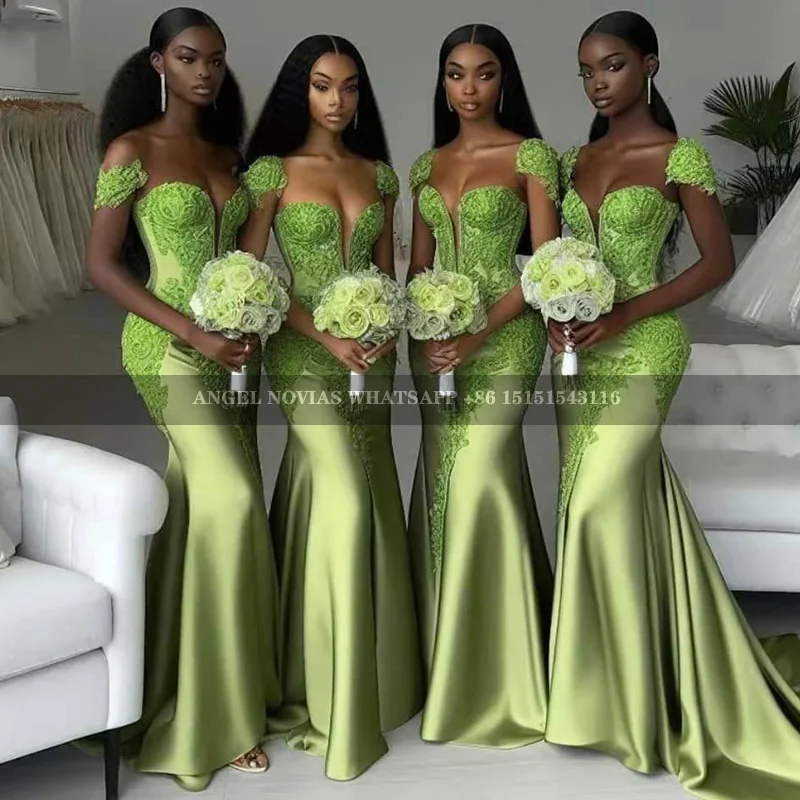 

Long Mermaid Green Lace African Girls Bridesmaid Dresses Wedding Party Maid Of Honor Dress robe demoiselle d honneur femme