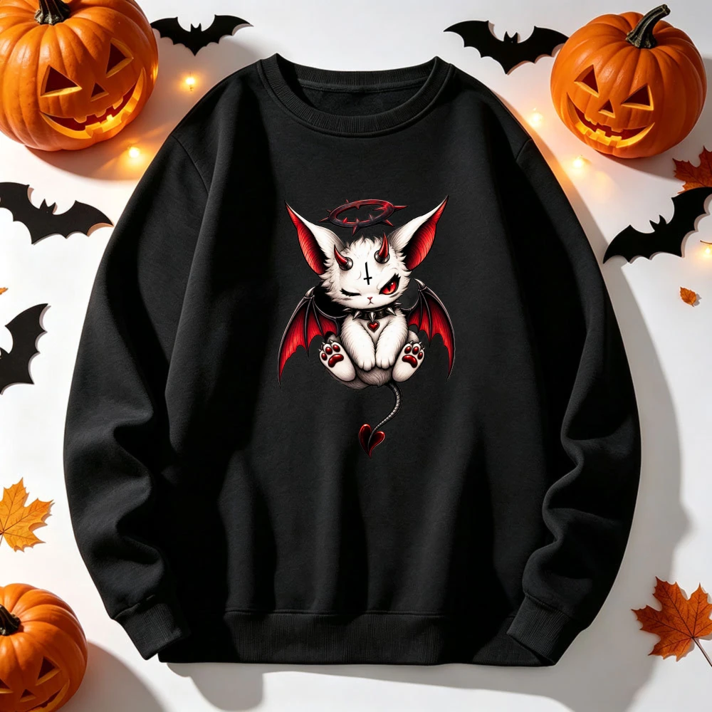 Gothic Cute Devil Cat Bat Wings Thorn Halo Heart Tail Dark Fantasy Halloween Graphic Pullover Casual Spooky Aesthetic Sweatshirt
