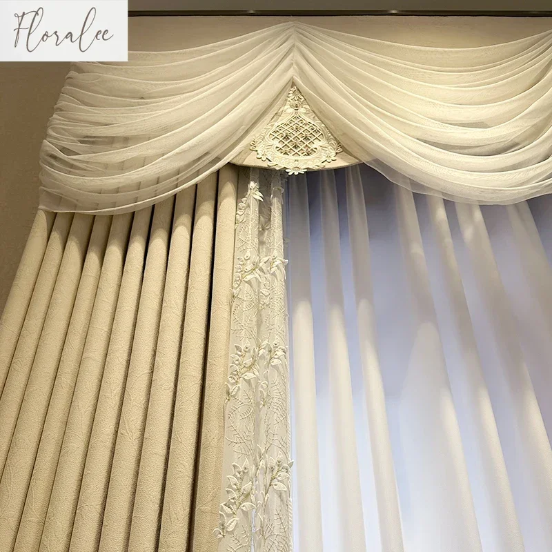 Customized Villa Milk Tea Color Embossed Jacquard Chenille Lace Stitching Curtains For Living Room Bedroom Finished Product