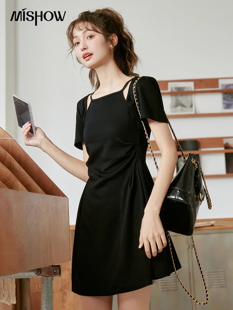 MISHOW 2023 Summer Design Hollow Out Fake Two-piece Waist Dress A-LINE Square Collar Solid Female Knee-Length Dresses MXC39L1581