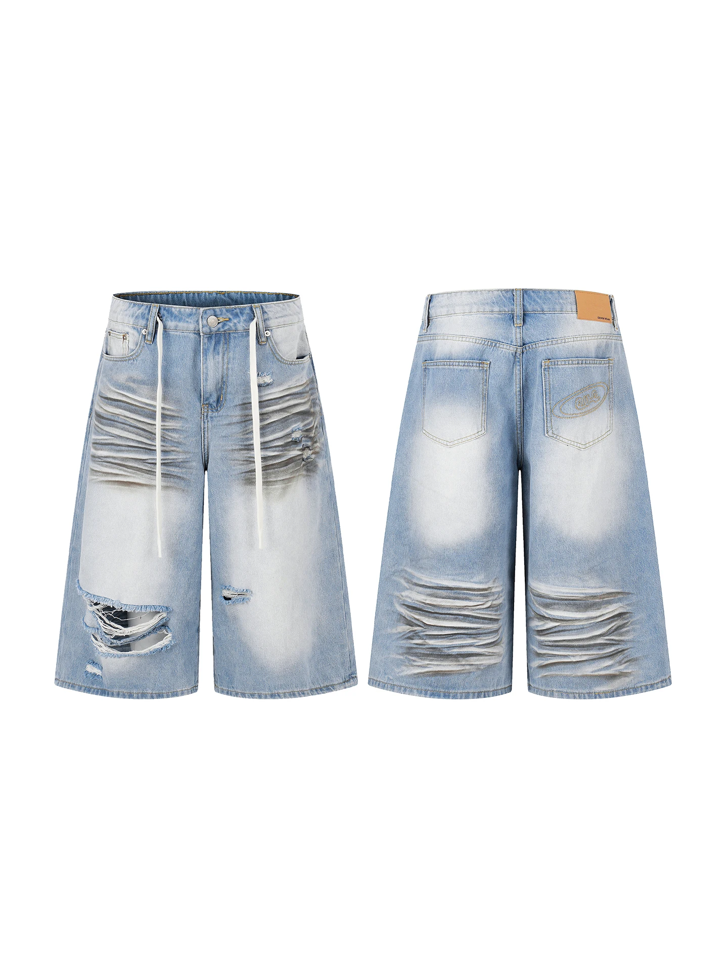 Shorts Jeans Retrô Americano Unissex de Algodão com Textura, Corte Reto, Estilo Desgastado, Comprimento de Sete Polegadas