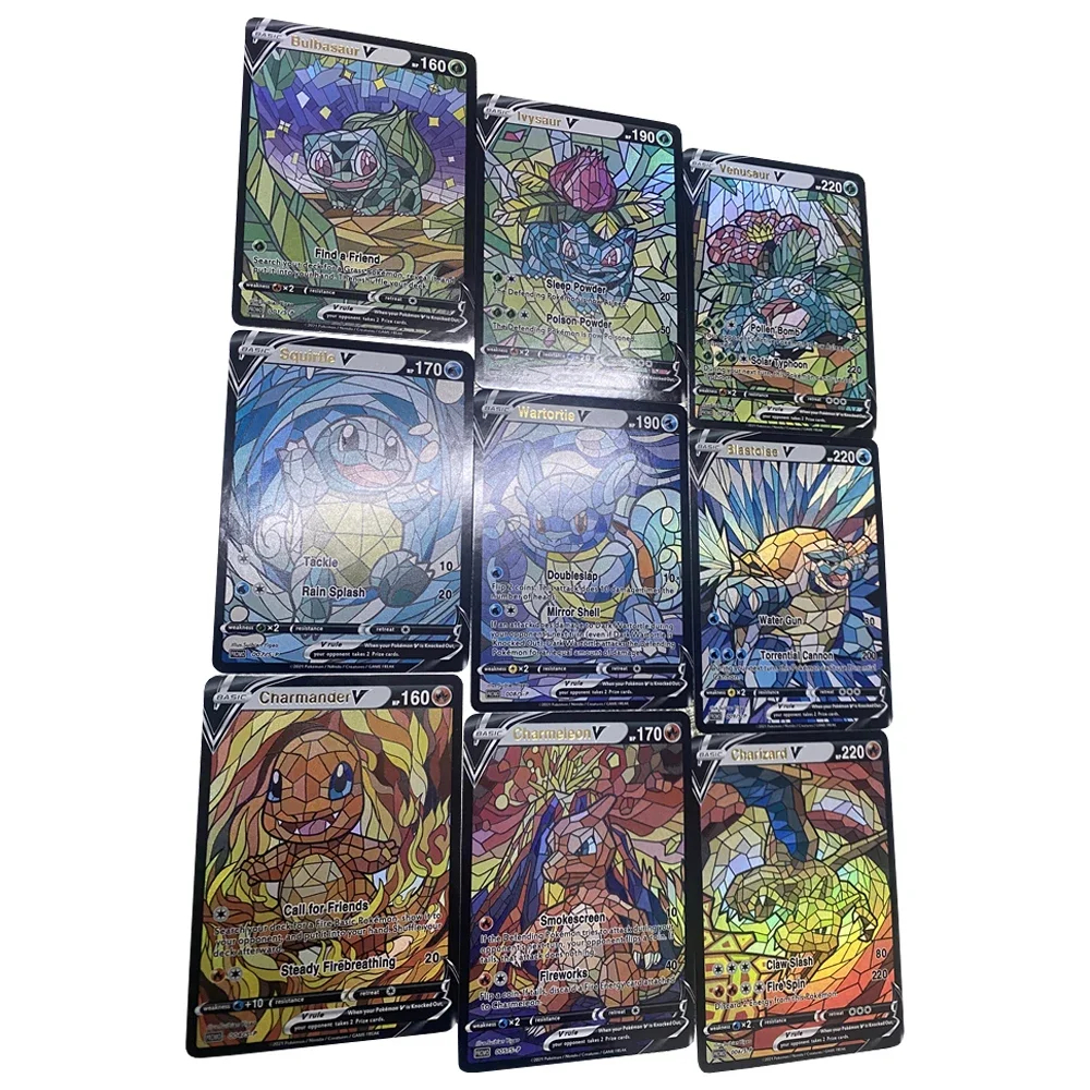 9Pcs/set PTCG Hot Stamping Coarse Flash Card Charizard Venusaur Blastoise DIY Game Anime Collection Card Gift Toys