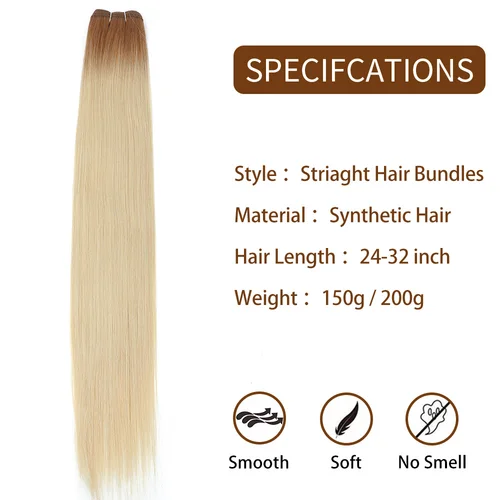 Imagen 2 del producto 24 mechones de pelo liso sedoso de hueso de 32 pulgadas Rubio ceniza ombré # 613 Bug Hair Weaving Trama de pelo sintético largo resistente al calor