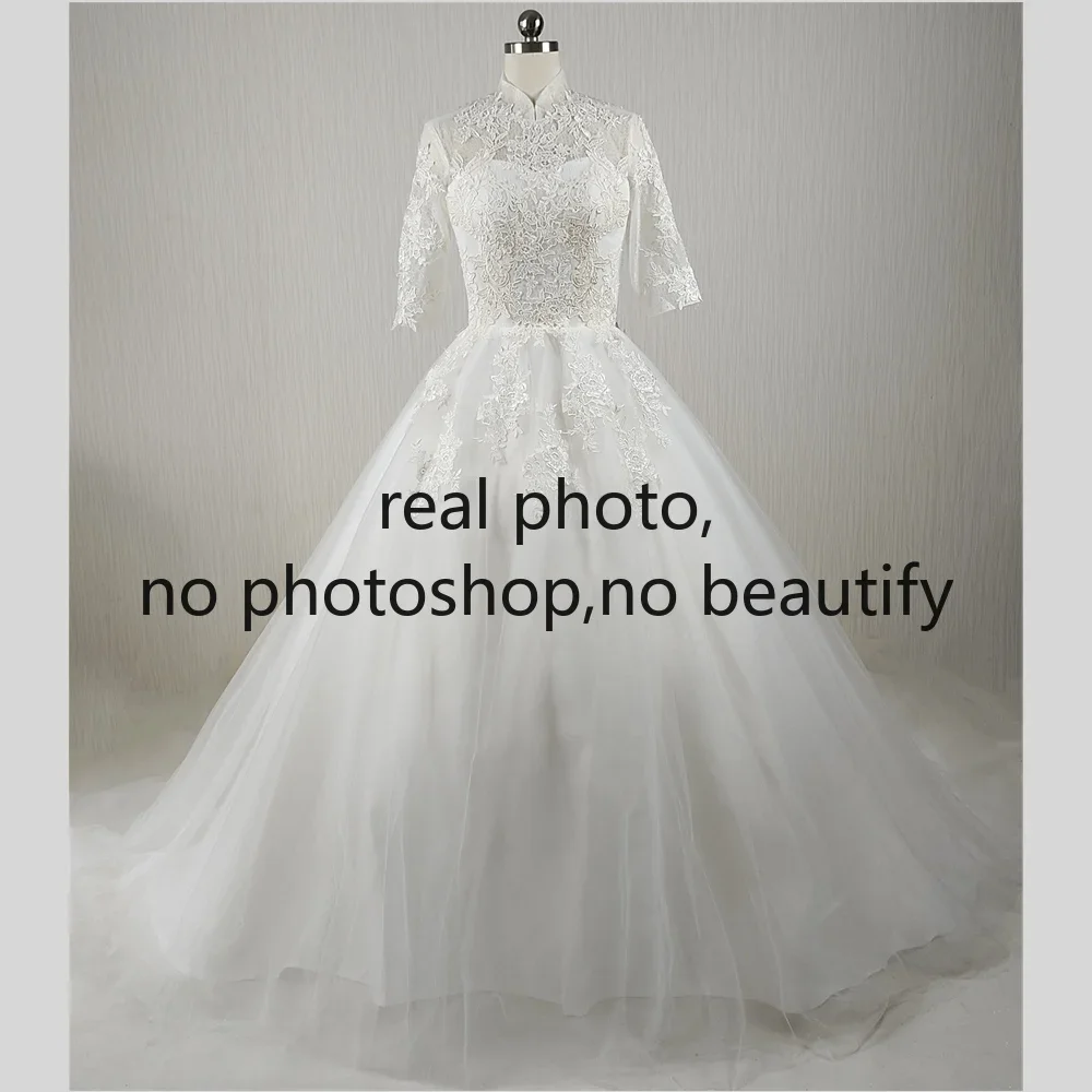 

Clearance Size 4 White Wedding Dress Train High Collar Appliques Half Sleeves Lace up Floor length Trailing Bride Ball Gown 0132