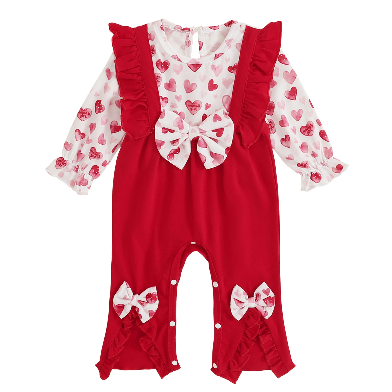 Baby Girl Valentines Romper Love Heart Print Bows Ruffled Trim Crew Neck Long Sleeve Newborn Jumpsuit