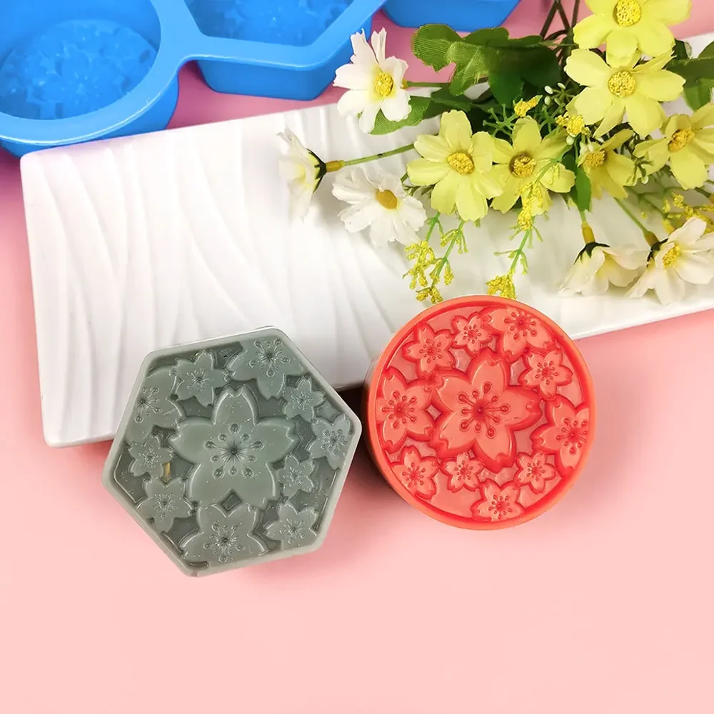 4 Holes Relief Flower Hand Soap Silicone Moulds Easy Demold Sakura Sphere Candle Gypsum Mold Round Hexagon Chocolate Making Tray