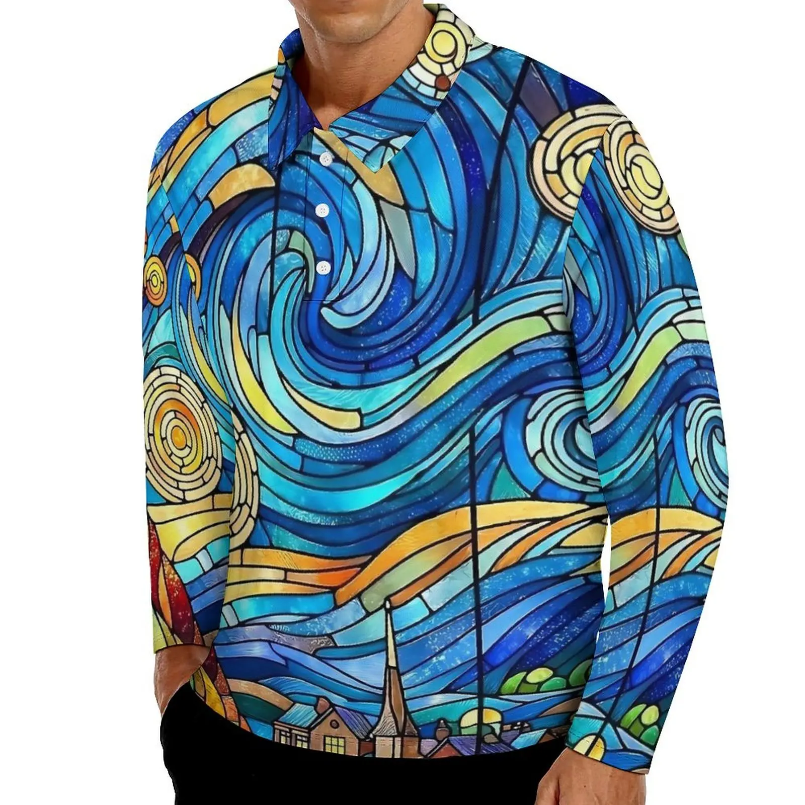 The Starry Night Casual T-Shirts Male Stained Glass Print Long Sleeve Polo Shirt Collar Trendy Spring Graphic Shirt Plus Size