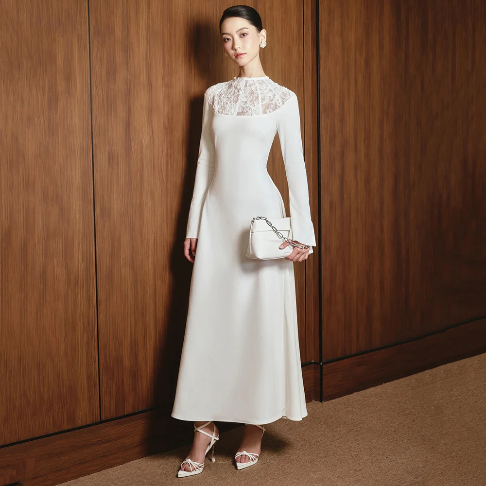 

Белое вечернее платье из джерси с круглым вырезом по индивидуальному заказу, вечернее платье с длинными рукавами и кружевным вырезом ILLUSION, вечернее платье трапециевидной формы до щиколотки, платье для выпускного вечера