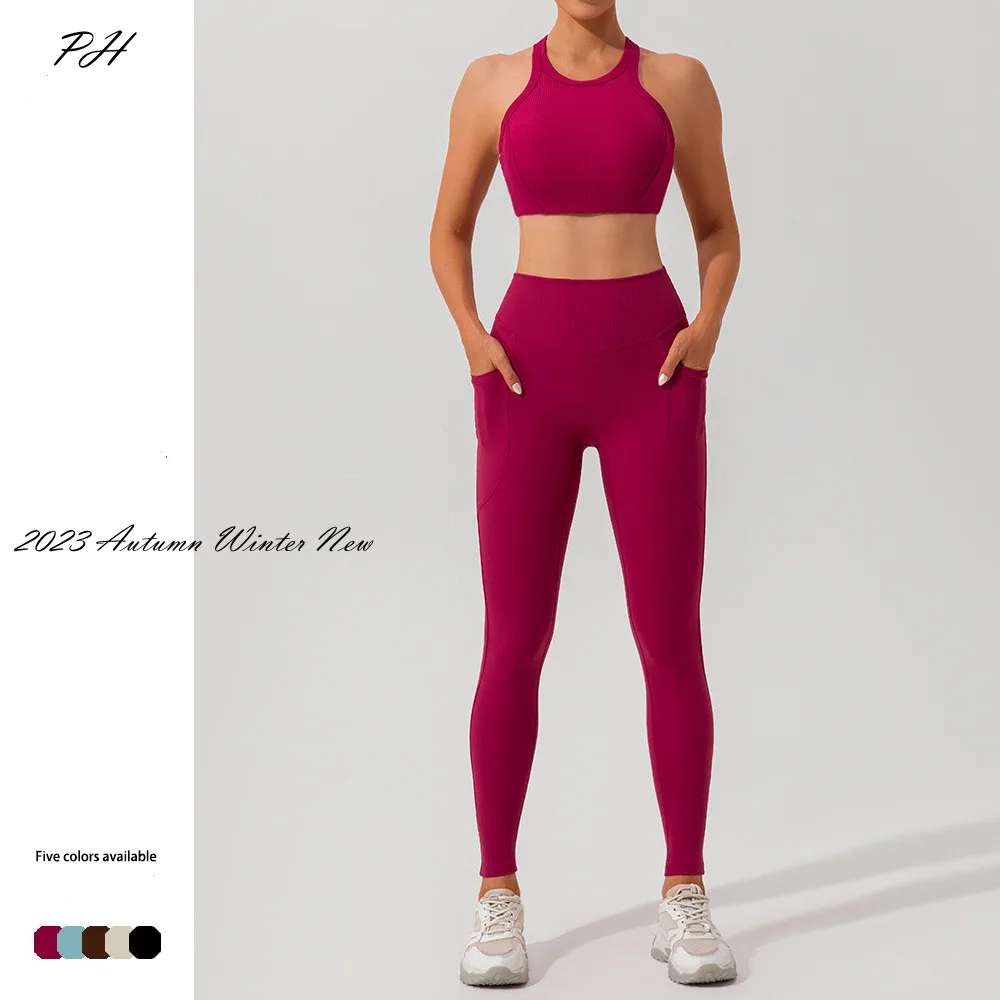 

New Seamless Ribbed Yoga Set Women Quick Dry Beauty Back Fitness Sportswear Autumn Sexy Lift Hips Tight Yoga Suit Running Sets