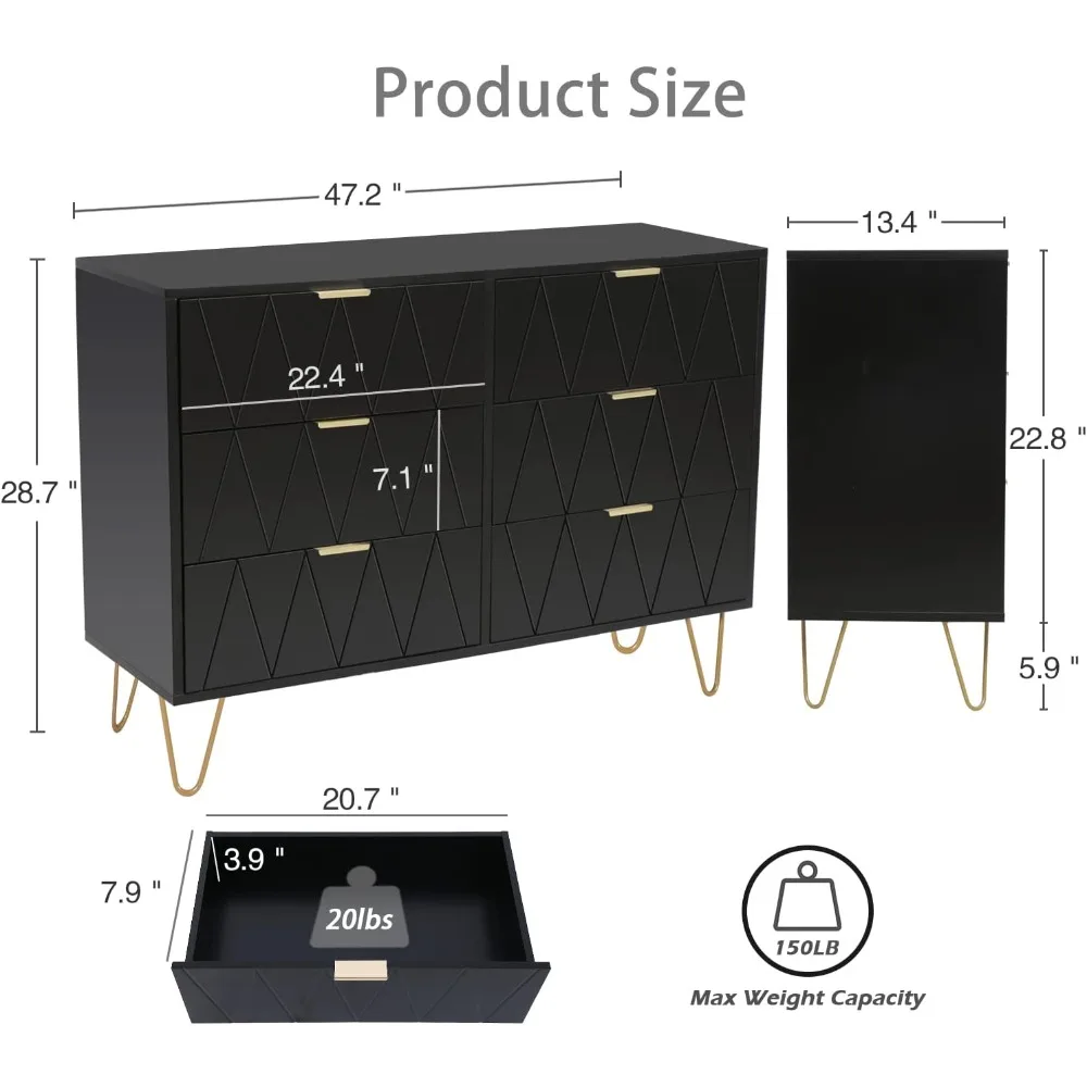 3 Pcs Bedroom Sets, Large 6 Drawer Dresser and Night Stand Sets for Bedroom, Two Drawers Nightstand Set of 2 & 6 Drawer