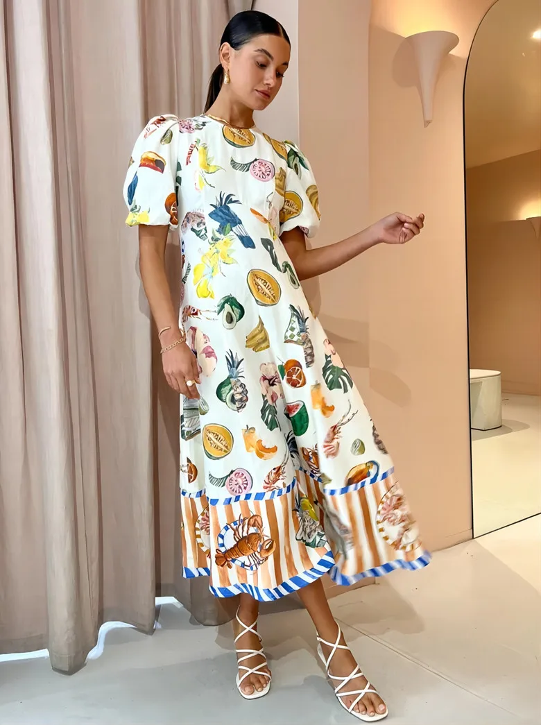 

Short Sleeve Fashion Vintage Print Maxi Dress Casual Summer Round Neck Puff Sleeve Loose Women Long Dress Slim Fit Elegant Robe