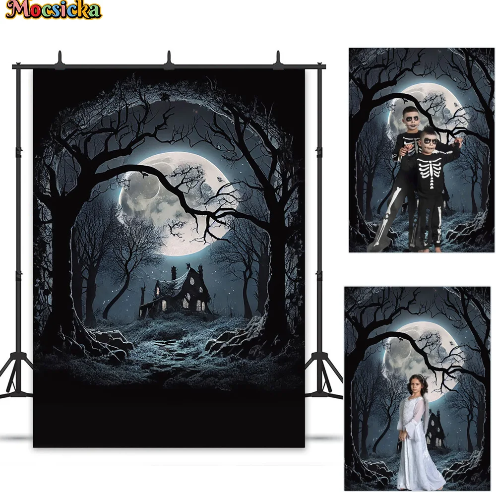 

Halloween Horror Forest Night Background Props Moon Trees House Party Decoration Backdrop Booth Kids Portrait Studio Photozone