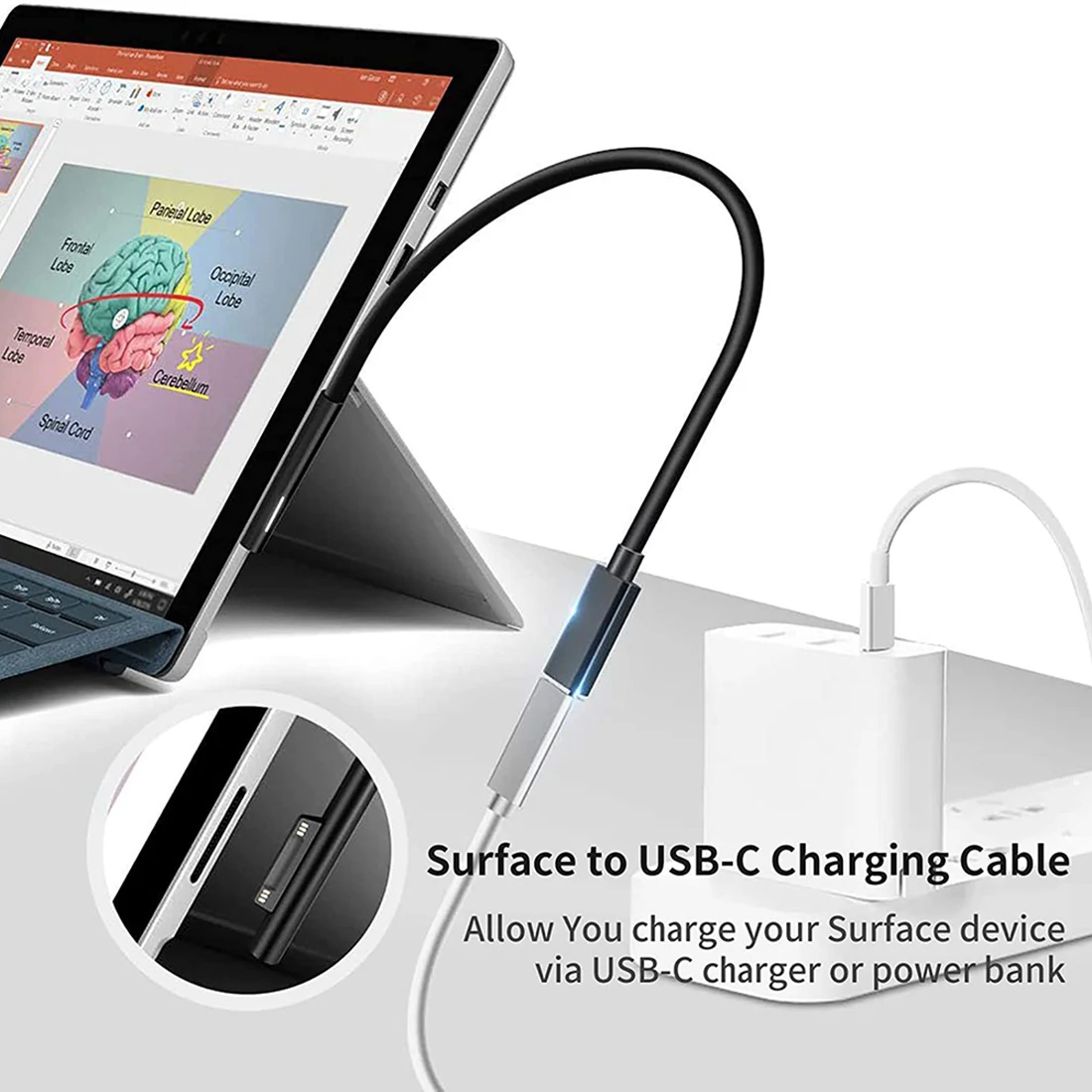 표면 연결 USB-C 충전 케이블, Surface Pro7 Go2 Pro6 5 4/3 노트북 1 2/3 및 Surface Book 호환