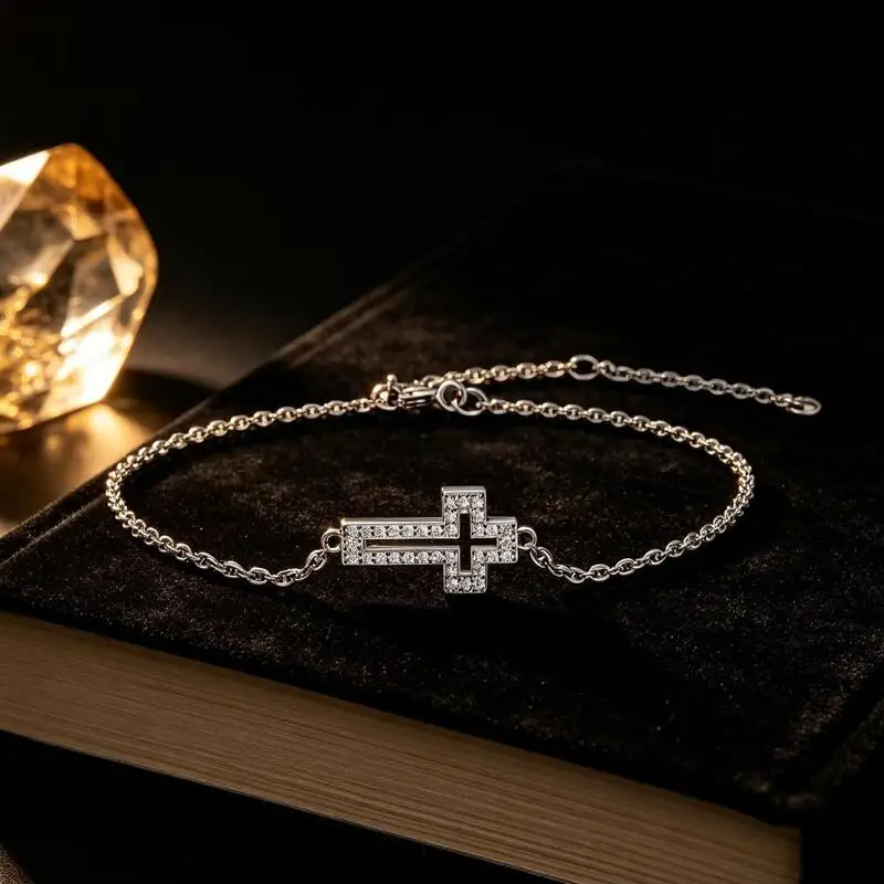 TS S925 Sterling Silver Paved Moissanite Cross Charm Bracelet D Color VVS1 Cable Link Chain Religious Jewelry Gift For Women