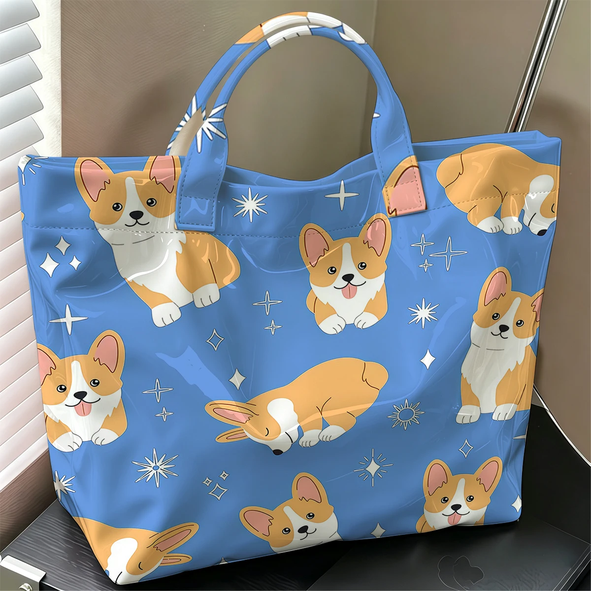 Blue Corgi Dog Cute Large Glossy PVC Tote Bag Hand Washable Lightweight Soft Great for Travel Commute Makeup Storage Handbags