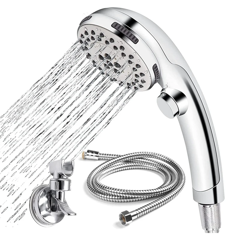 Shower Head With 1.5 M Hose 5 Jet Types Hand Shower Water-Saving Shower Head One Button Water Stop Button Independent