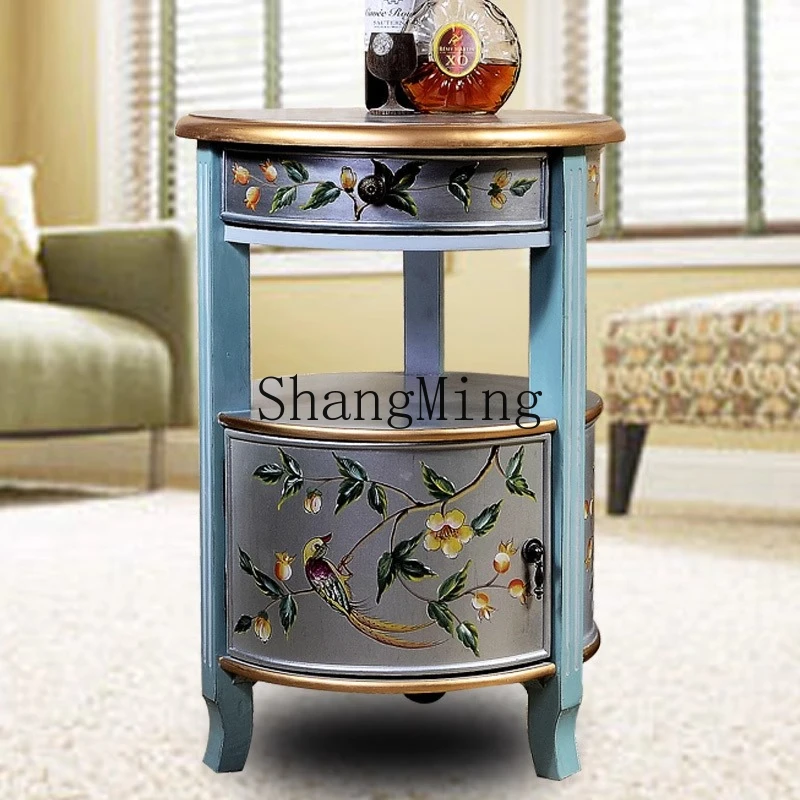 

ZYY household solid wood small side cabinet pastoral round table living room sofa edge blue rounded corner table