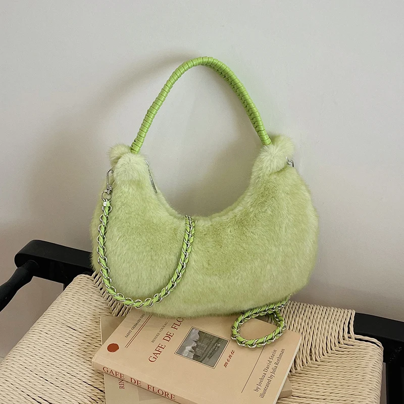 Halbmond-Design Lammwoll-Handtasche Clutch für Damen 2026 Winter Weiche Flauschige Handtasche Halbkreis-Plüsch-Umhängetasche Bolsa – Detail 22