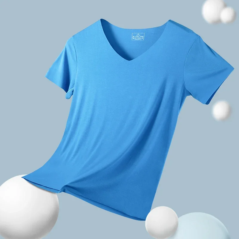 Modal tight half sleeve T-shirt thin solid color men's seamless short sleeve T-shirt large V-neck base slim-fit underwear