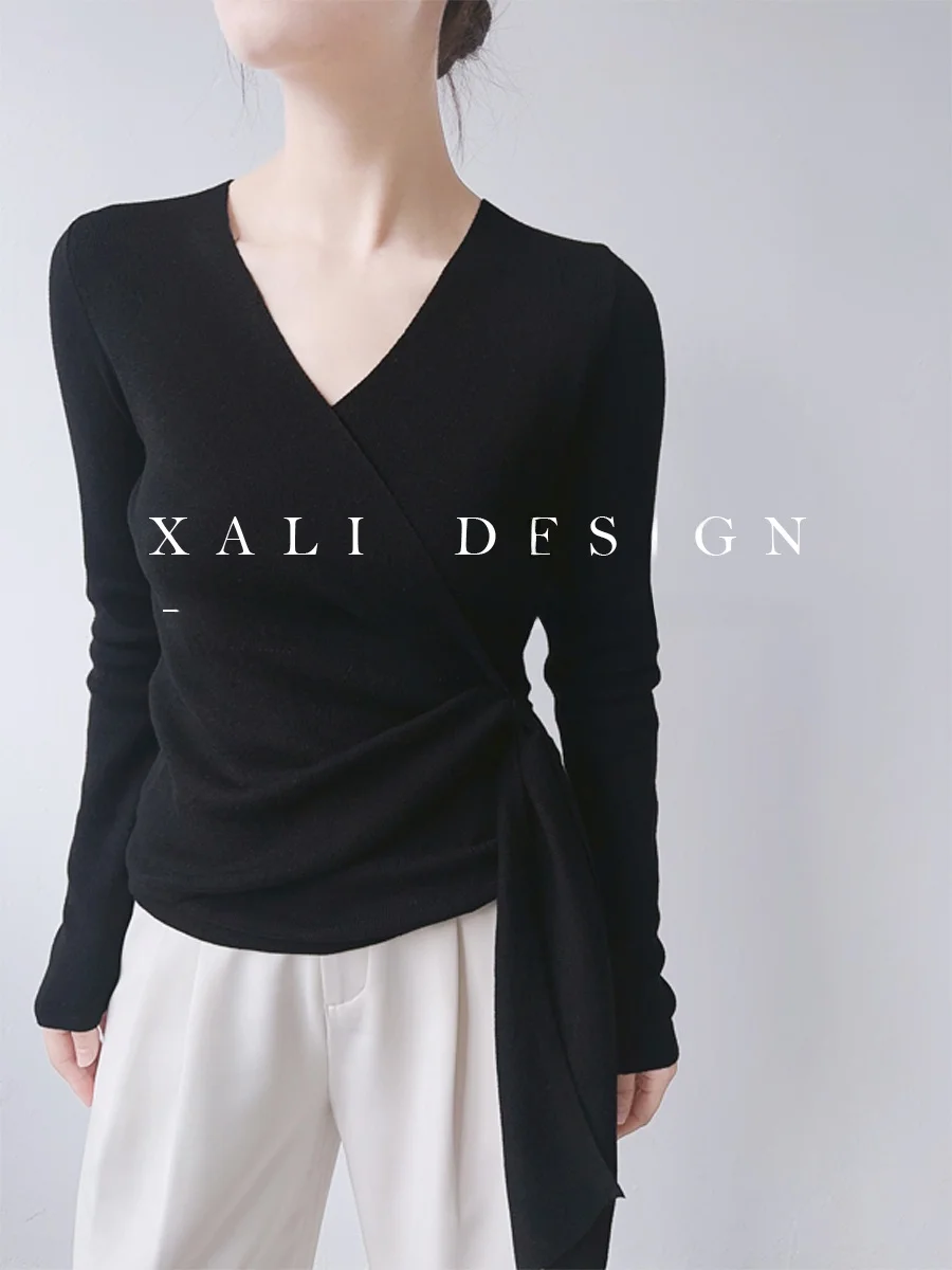 

Женский вязаный свитер XALI Ele Bla с V-образным вырезом, тонкий, с перекрестным поясом, подчеркивающим талию, и эффектом стройности – модный хит