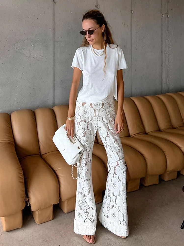 Mumaroho 2024 Summer Women Sexy Lace Flare Pants Beach Solid White High Waist Sheer Trousers Female