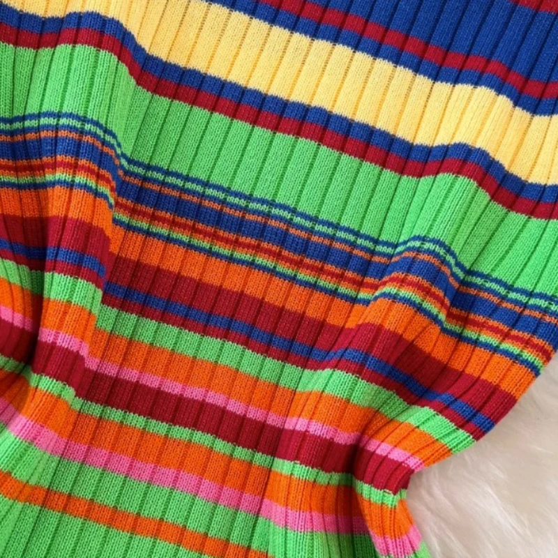 Vintage Elastic Rainbow Striped Dress for Women Summer Slim Waist Bodycon Dresses Y2k Maxi Long Vestido Feminino