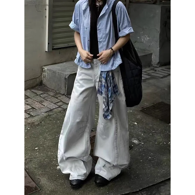 Y2K Amerikaanse Vintage jaren 2000 Stijl Hoge Taille Witte Jeans Broek 2025 Herfst Dames Baggy Wijde Pijpen Denim Broek Vrouwelijke Kleding