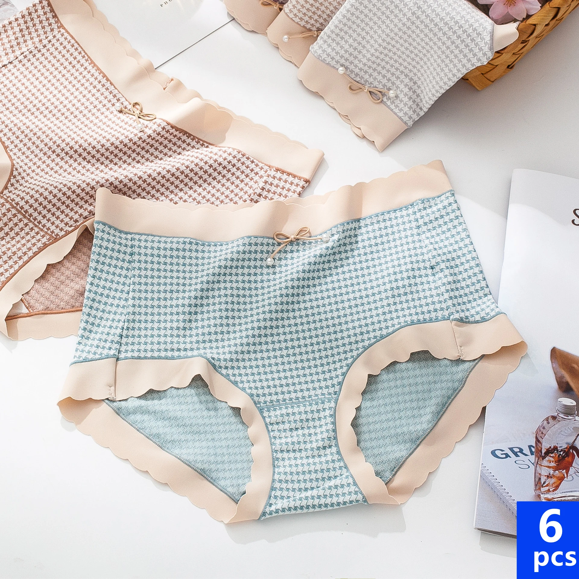  6pcs women's briefs Lady high-waisted panties Japanese non-mark bag hip Traceless large size Houndstooth underwear 40-70kg