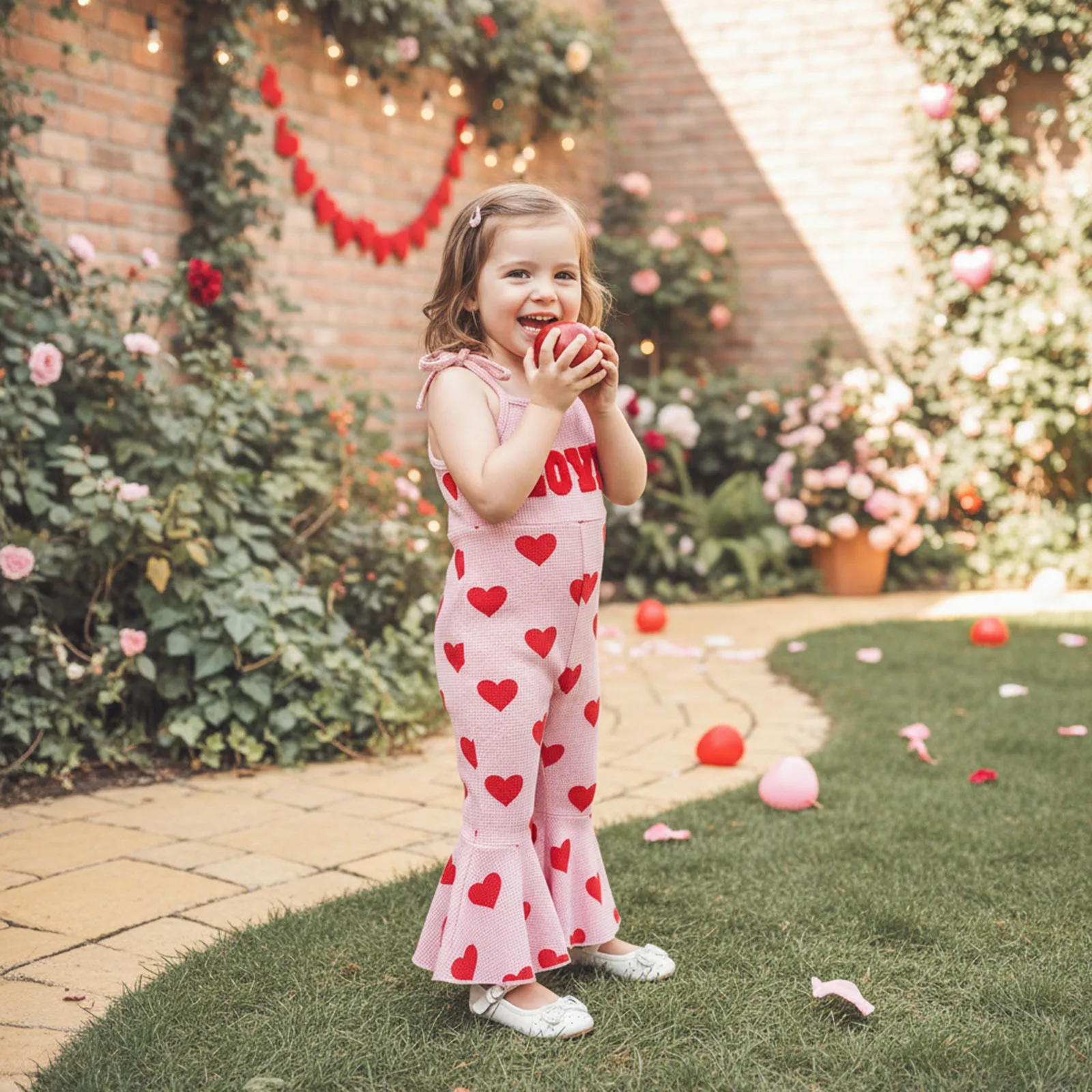Baby Kid Girls Jumpsuit, Sleeveless Heart Print Embroidery Letters Pants for Valentines Day