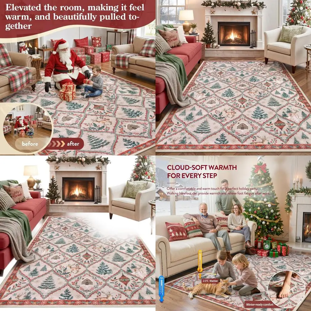 

Large 5x7 Aesthetic Christmas Tree & Reindeer Rugs, Soft, Washable, Non-Slip for Living Room, Bedroom, and Dining Area (Beige/Re