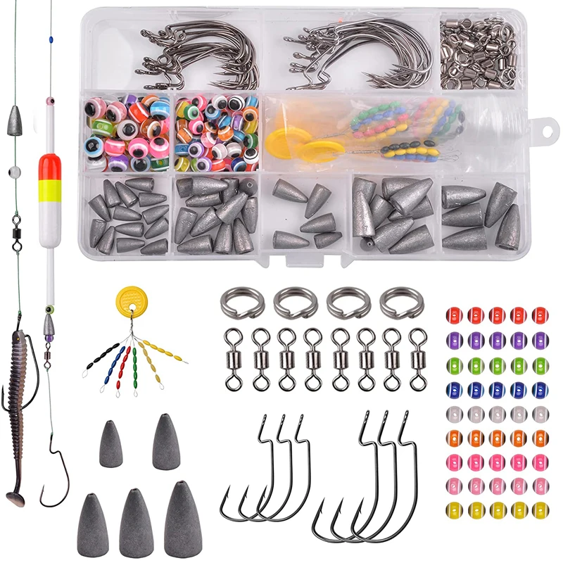 215Pcs Bullet Fishing Weights Kit Including Fishing Beads Fishing Float Bobber Stopper Worm Hook Split Rings Barred Swivels Tool