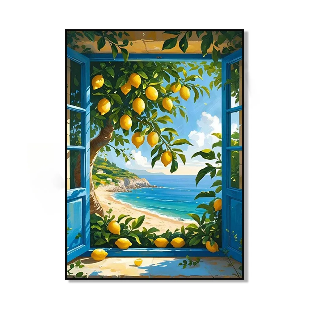 1 Pieza de Impresión en Lienzo de Ventana Mediterránea Moderna con Limones, Pósteres sin Marco de Limoneros Costeros para Dec