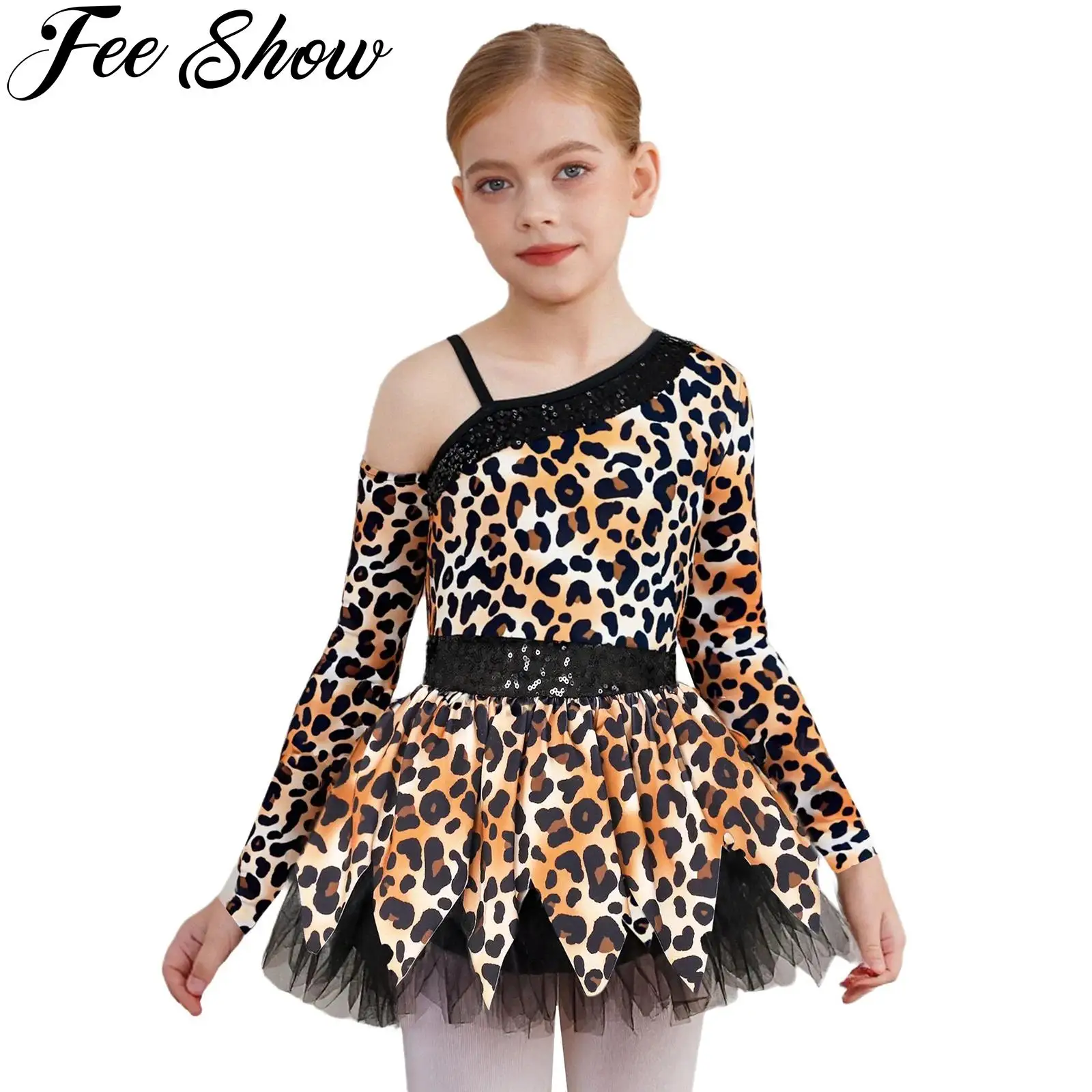 

Kids Girls Caveman Costume Halloween Primitive Tribal Historical Stone Age Cavegirl Dress Up Print Mesh Leotard Dress Oversleeve