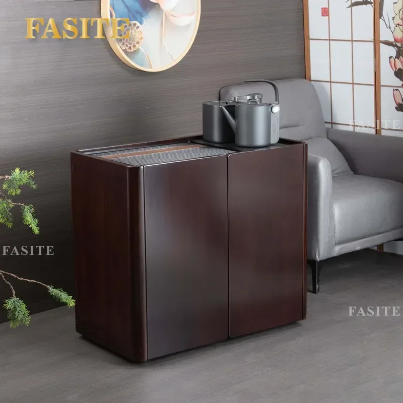 For Solid Wood Ebony Mobile Tea Cabinet Bakelite Side Table with Integrated Kettle Storage for Balcony Tea Room Compact
