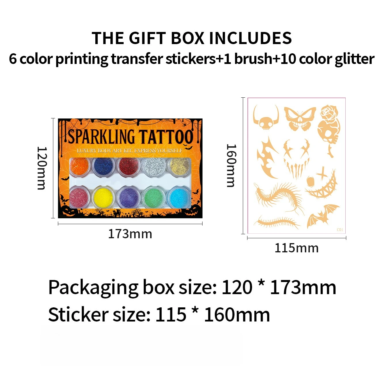 B New 10 Colors Glitter Powder+6 Sheets Christmas Tattoo Kit DIY Temporary Sparkling Body Art Set For Party Makeup